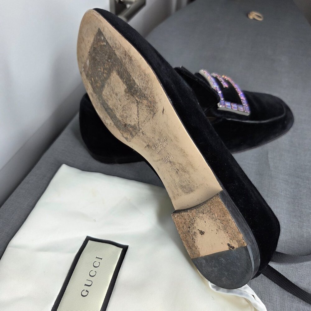 Authenticated Gucci Women's Crystal Black Velvet Slip-On Loafers - Size 38.5 - Picture 6 of 9